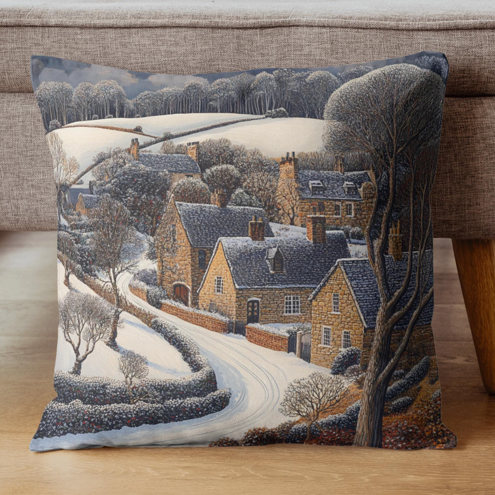 Snowy Stone Cottage Village Throw Pillow, Cozy Winter Countryside Cushion, Rustic Hillside Homes Pattern, Storybook Winter Accent Pillow