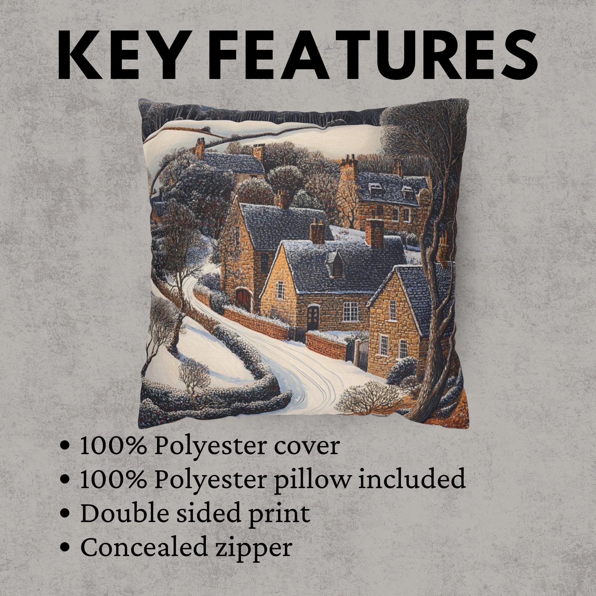 Snowy Stone Cottage Village Throw Pillow, Cozy Winter Countryside Cushion, Rustic Hillside Homes Pattern, Storybook Winter Accent Pillow