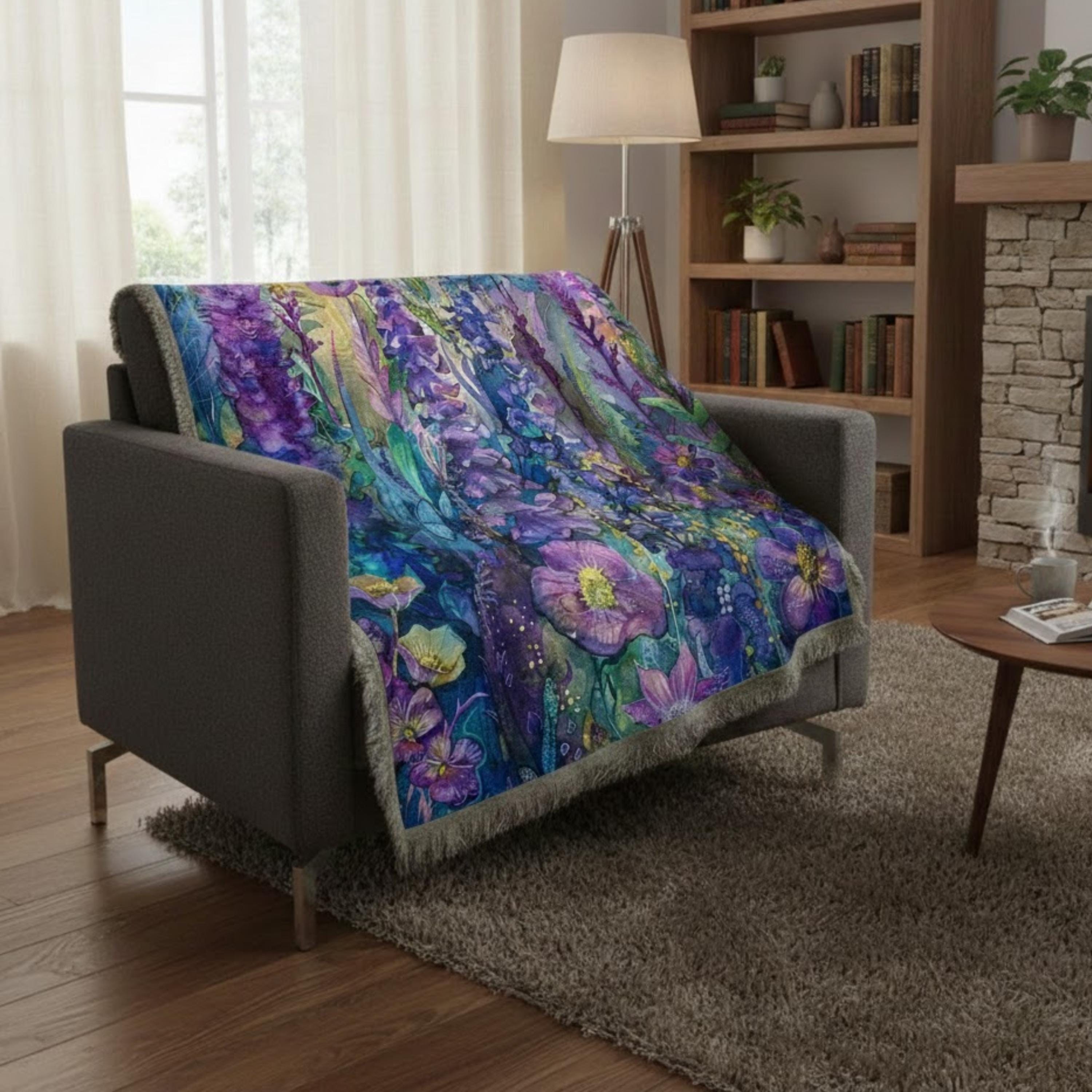 Amethyst Garden Woven Blanket, Vintage Floral Throw, Boho Tapestry Wall Hanging, Cozy Sofa Blanket Gift, Botanical Home Decor Accent