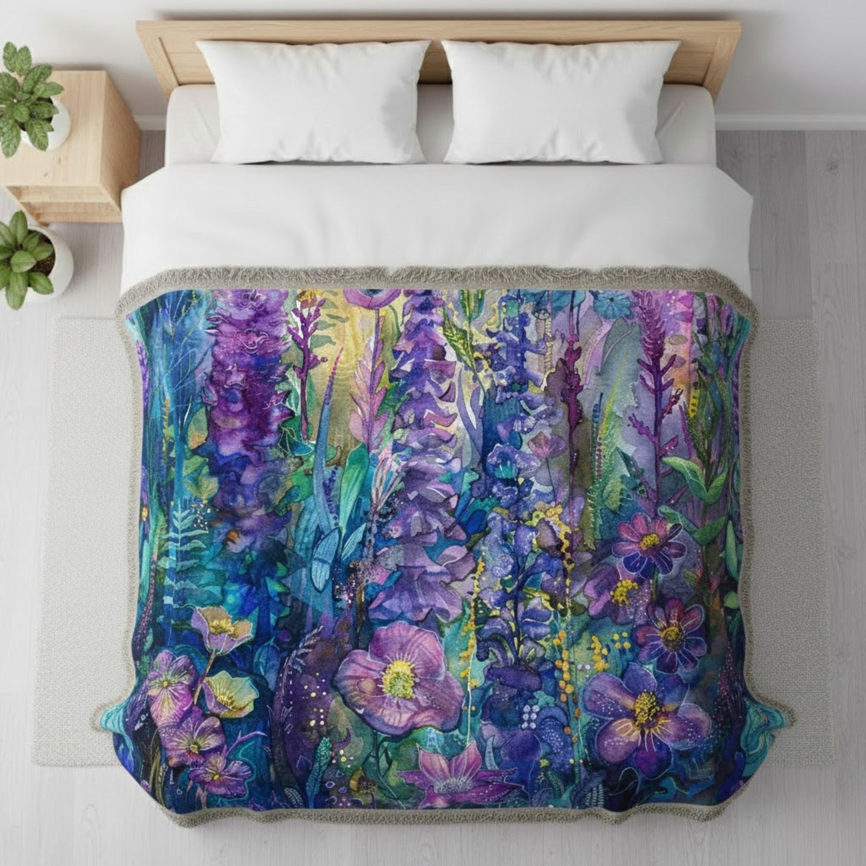 Amethyst Garden Woven Blanket, Vintage Floral Throw, Boho Tapestry Wall Hanging, Cozy Sofa Blanket Gift, Botanical Home Decor Accent