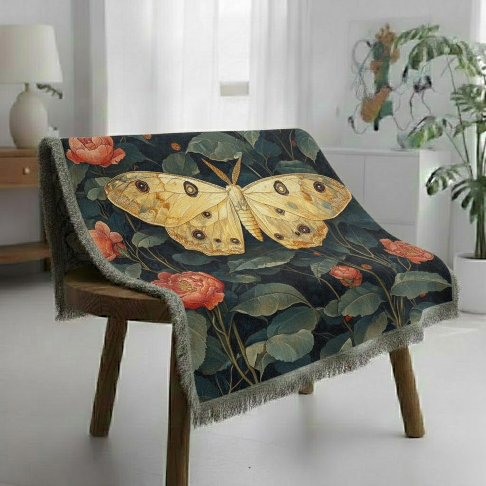 Golden Moth Floral Woven Blanket, Vintage Garden Throw, Botanical Boho Tapestry, Elegant Nature Blanket Gift, Moody Home Decor Accent