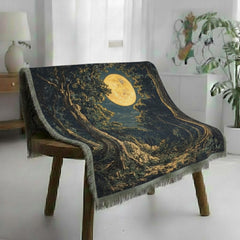 Moonlit Forest Woven Blanket, Enchanted Woodland Throw, Full Moon Nature Tapestry, Rustic Boho Blanket, Mystical Night Home Decor