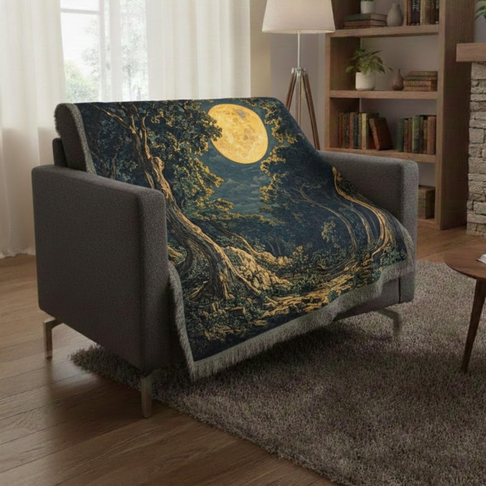 Moonlit Forest Woven Blanket, Enchanted Woodland Throw, Full Moon Nature Tapestry, Rustic Boho Blanket, Mystical Night Home Decor