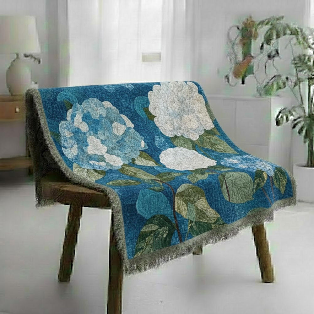 Hydrangea Woven Blanket, Blue Floral Throw, Botanical Tapestry Wall Hanging, Cozy Sofa Blanket Gift, Garden Bloom Decor Accent