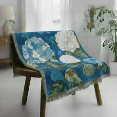 Hydrangea Woven Blanket, Blue Floral Throw, Botanical Tapestry Wall Hanging, Cozy Sofa Blanket Gift, Garden Bloom Decor Accent