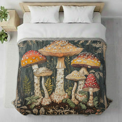 Mushroom Woven Blanket, Woodland Fungi Throw, Rustic Tapestry Wall Hanging, Cozy Sofa Blanket Gift, Forest Botanical Decor Accent