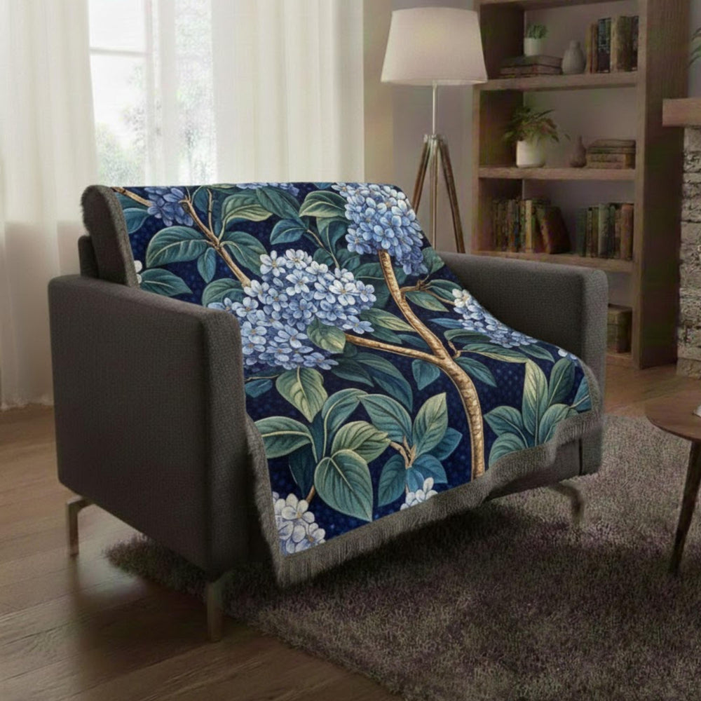Lilac Woven Blanket, Blue Botanical Throw, Floral Tapestry Wall Hanging, Cozy Sofa Blanket, Vintage Garden Decor Accent