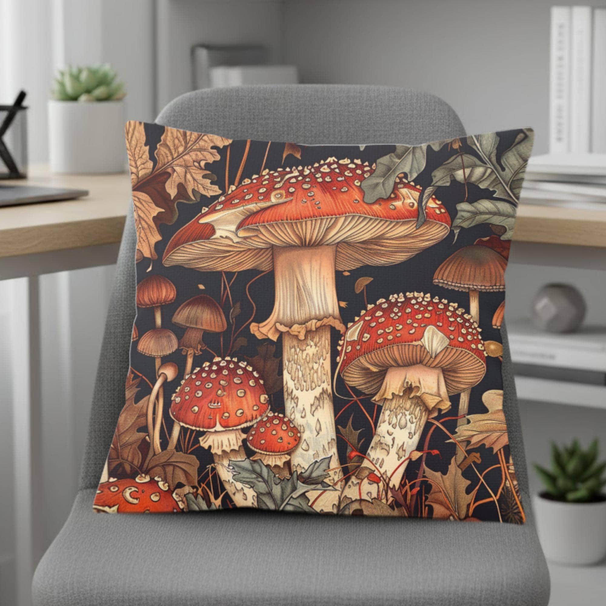 Red Mushroom Forest Pillow, William Morris Botanical Cushion, Whimsical Nature Throw Pillow, Woodland Home Accent, Autumn Pillowcase Gift
