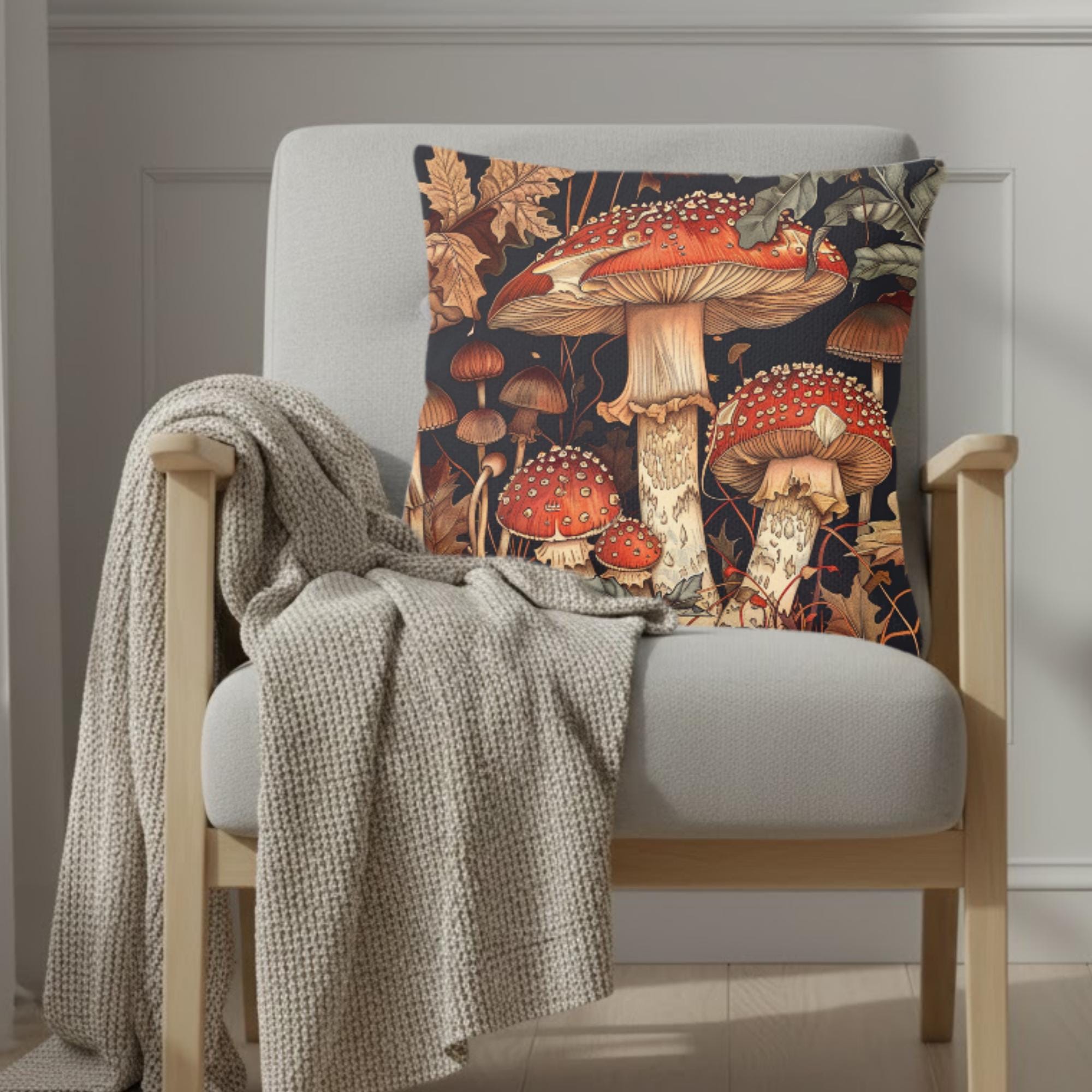 Red Mushroom Forest Pillow, William Morris Botanical Cushion, Whimsical Nature Throw Pillow, Woodland Home Accent, Autumn Pillowcase Gift
