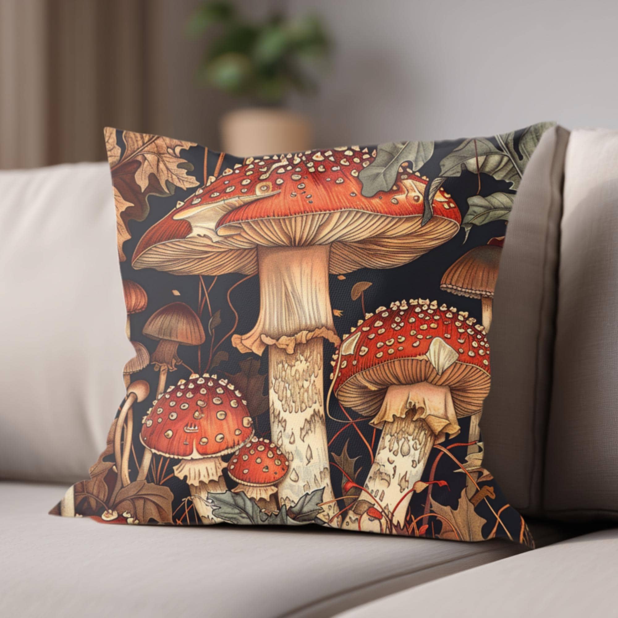 Red Mushroom Forest Pillow, William Morris Botanical Cushion, Whimsical Nature Throw Pillow, Woodland Home Accent, Autumn Pillowcase Gift