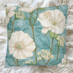White Floral Pillow, Teal Botanical Cushion, Minimalist Garden Throw Pillow, Delicate Bloom Decor, Light Spring Nature Accent