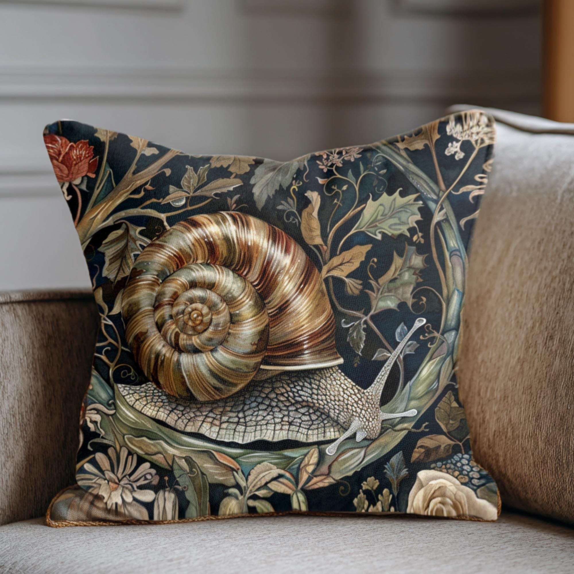 Woodland Snail Pillow, William Morris Inspired Botanical Cushion, Nature Throw Pillow, Rustic Forest Couch Accent, Vintage Snail Pillowcase