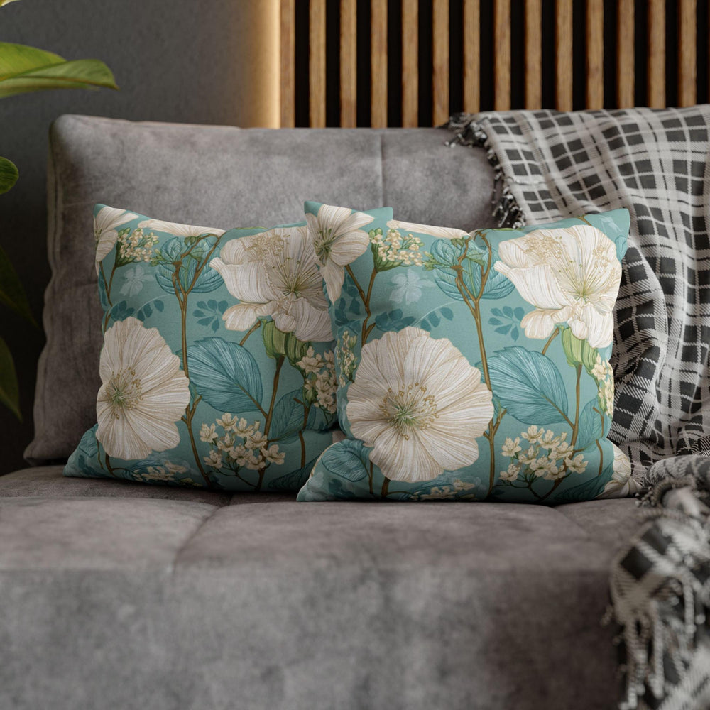 White Floral Pillow, Teal Botanical Cushion, Minimalist Garden Throw Pillow, Delicate Bloom Decor, Light Spring Nature Accent