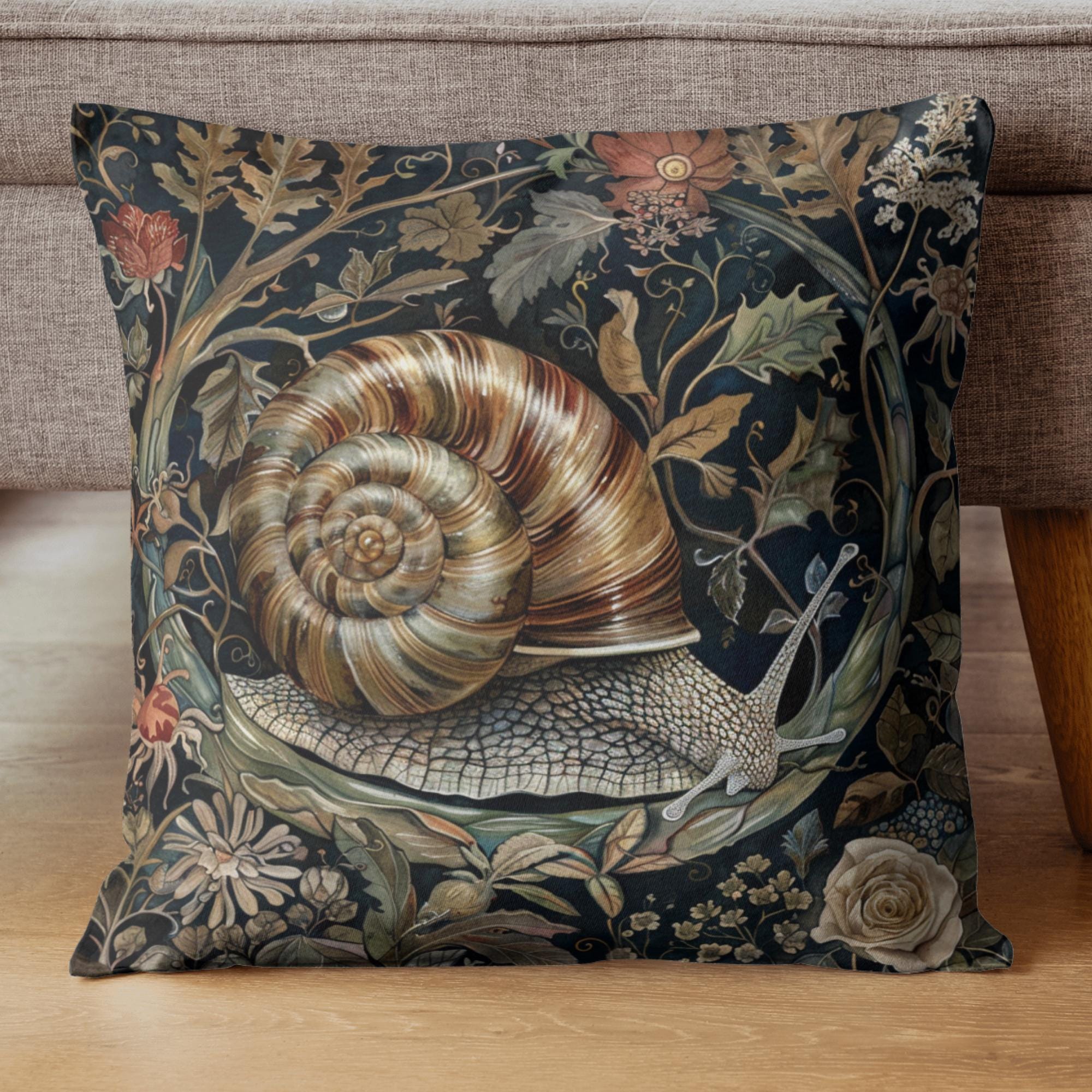 Woodland Snail Pillow, William Morris Inspired Botanical Cushion, Nature Throw Pillow, Rustic Forest Couch Accent, Vintage Snail Pillowcase