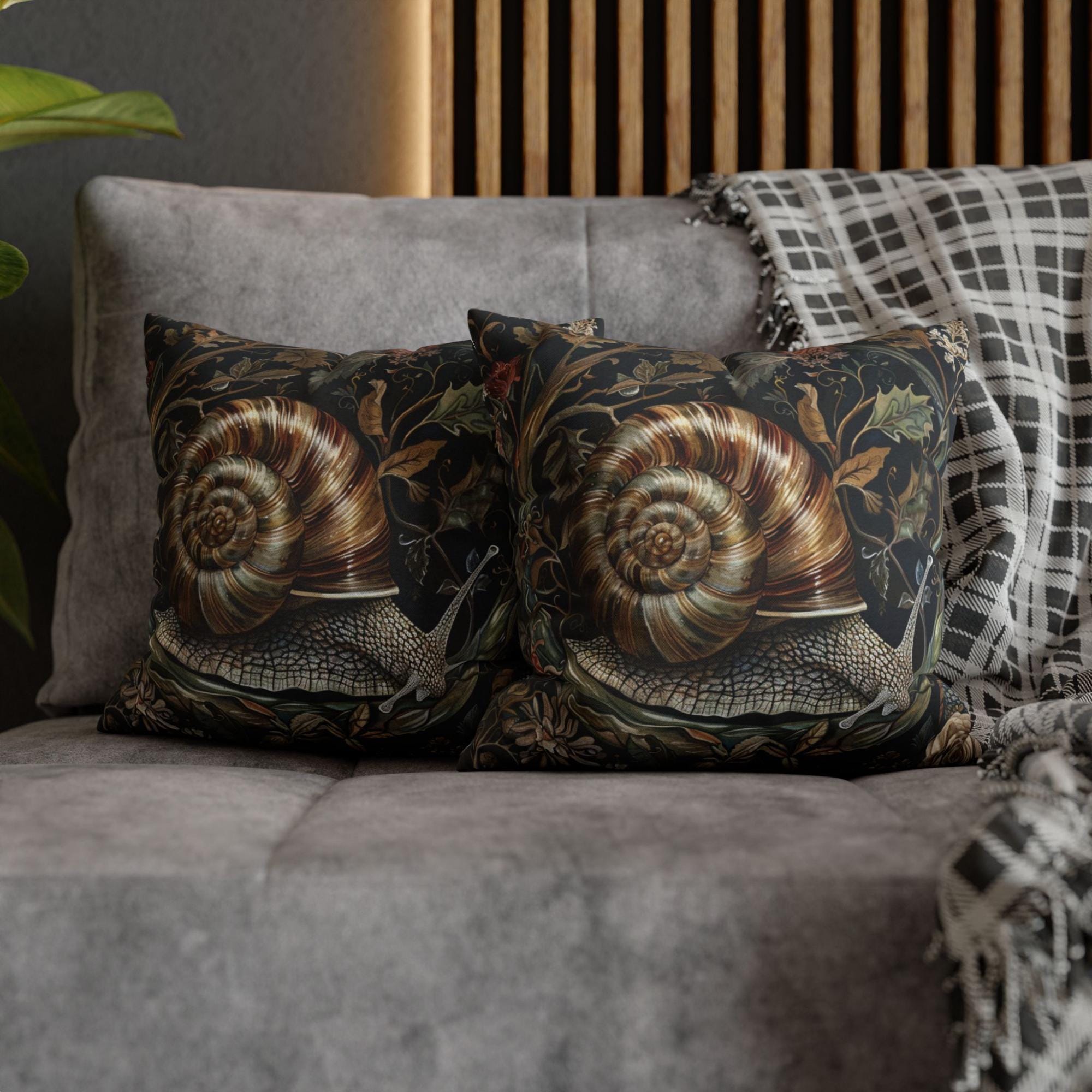 Woodland Snail Pillow, William Morris Inspired Botanical Cushion, Nature Throw Pillow, Rustic Forest Couch Accent, Vintage Snail Pillowcase