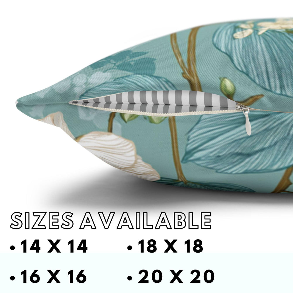White Floral Pillow, Teal Botanical Cushion, Minimalist Garden Throw Pillow, Delicate Bloom Decor, Light Spring Nature Accent