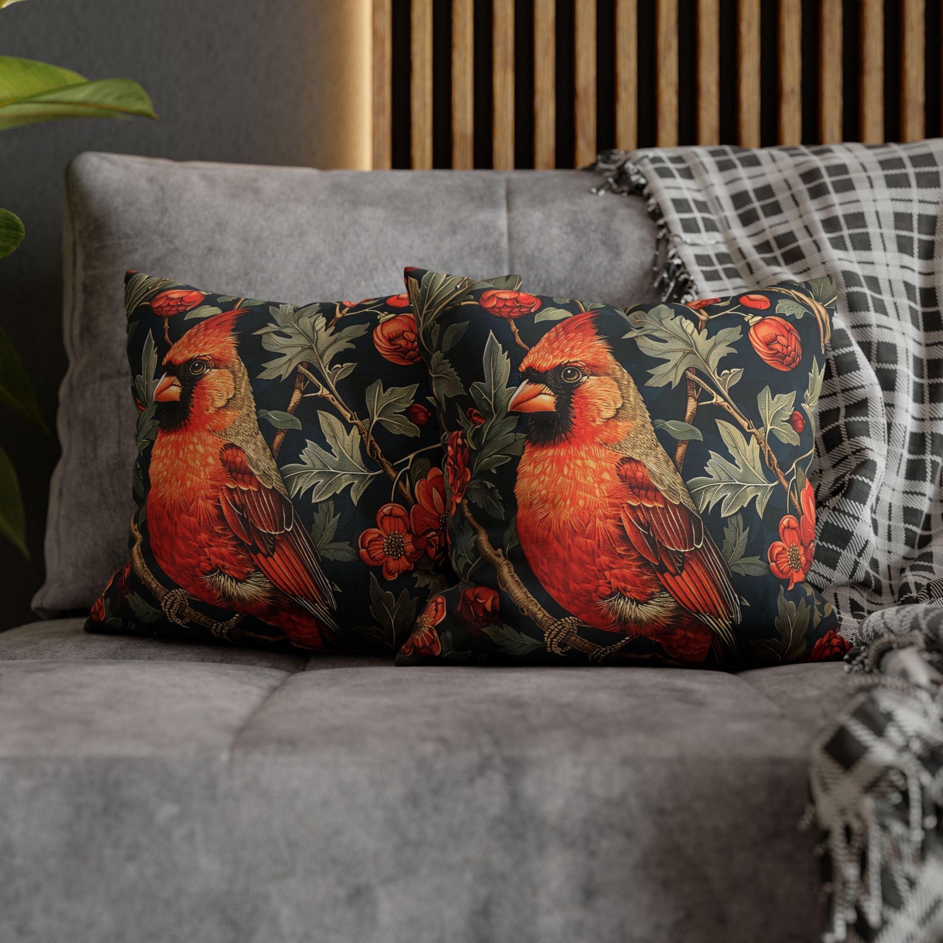 William Morris The Red Cardinal Bird Pillow, Vintage Throw Pillow, Home Decor, Forestcore, Floral Botanical, Pillow, Cushion, Housewarming