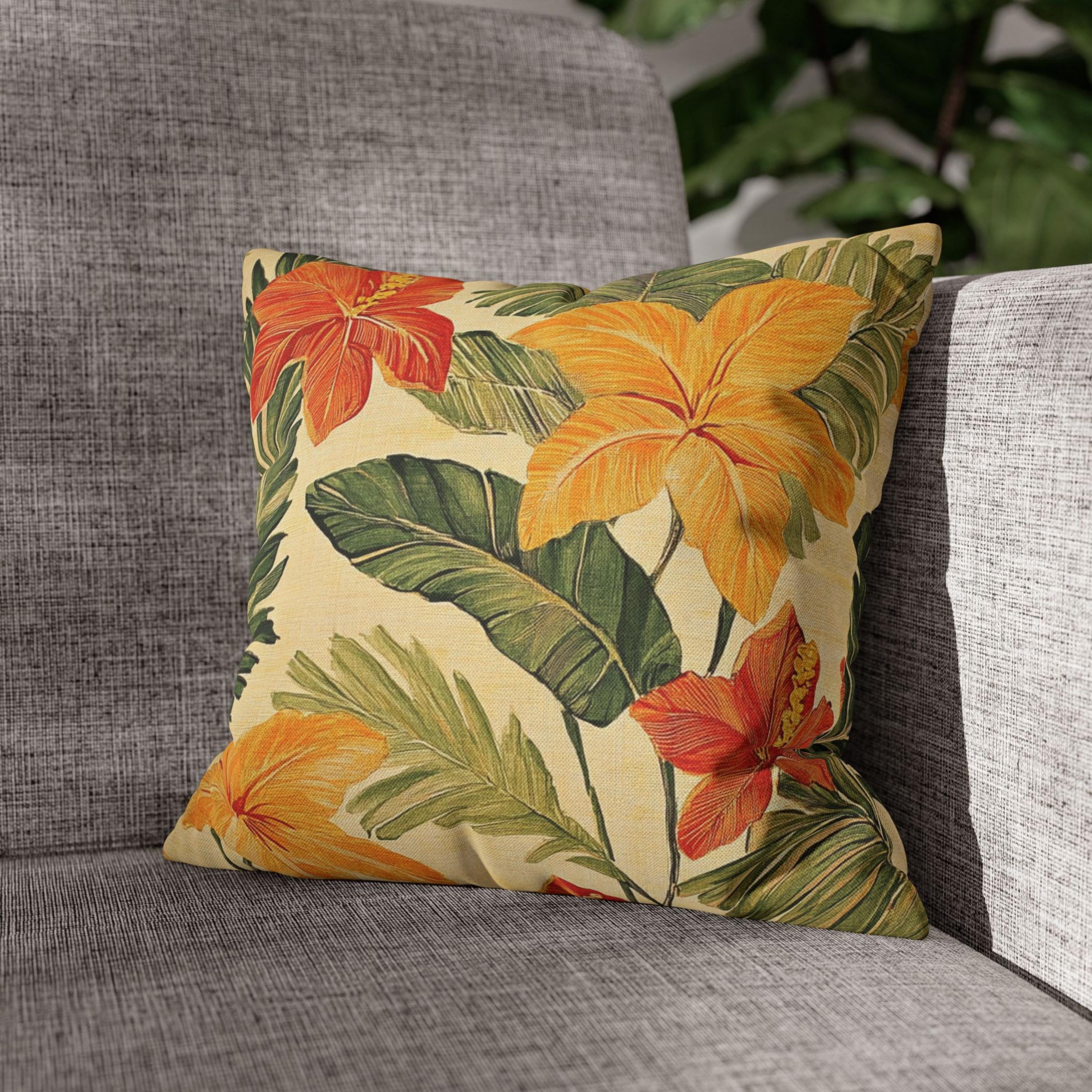 Bold Tropical Floral Pillow, Hibiscus Cushion Cover, Vibrant Jungle Throw Pillow, Island Leaf Home Decor, Warm Beach Accent