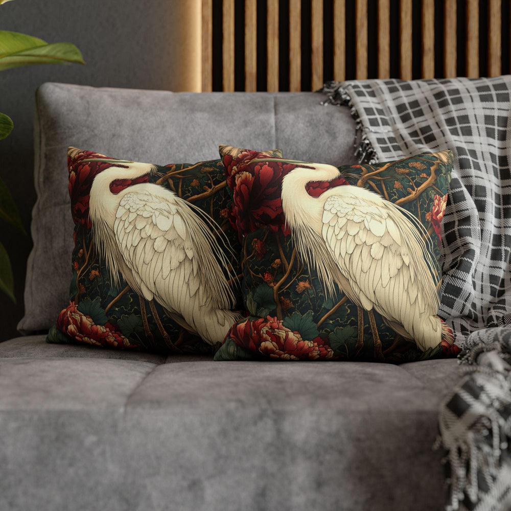 White Egret Peony Pillow, Vintage Botanical Cushion, Art Nouveau Bird Throw Pillow, Floral Pillowcase, Elegant Nature Couch Accent