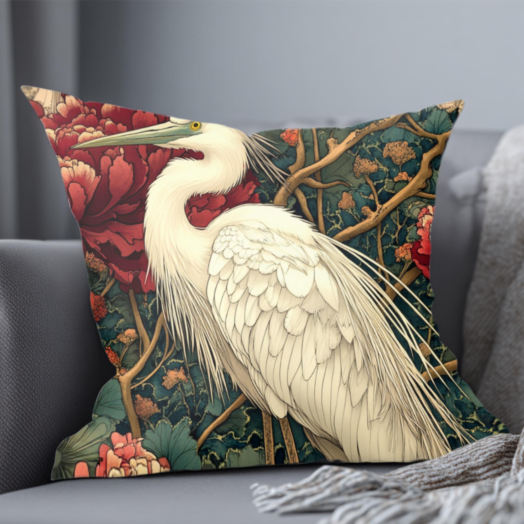 White Egret Peony Pillow, Vintage Botanical Cushion, Art Nouveau Bird Throw Pillow, Floral Pillowcase, Elegant Nature Couch Accent
