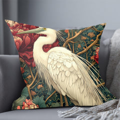 White Egret Peony Pillow, Vintage Botanical Cushion, Art Nouveau Bird Throw Pillow, Floral Pillowcase, Elegant Nature Couch Accent