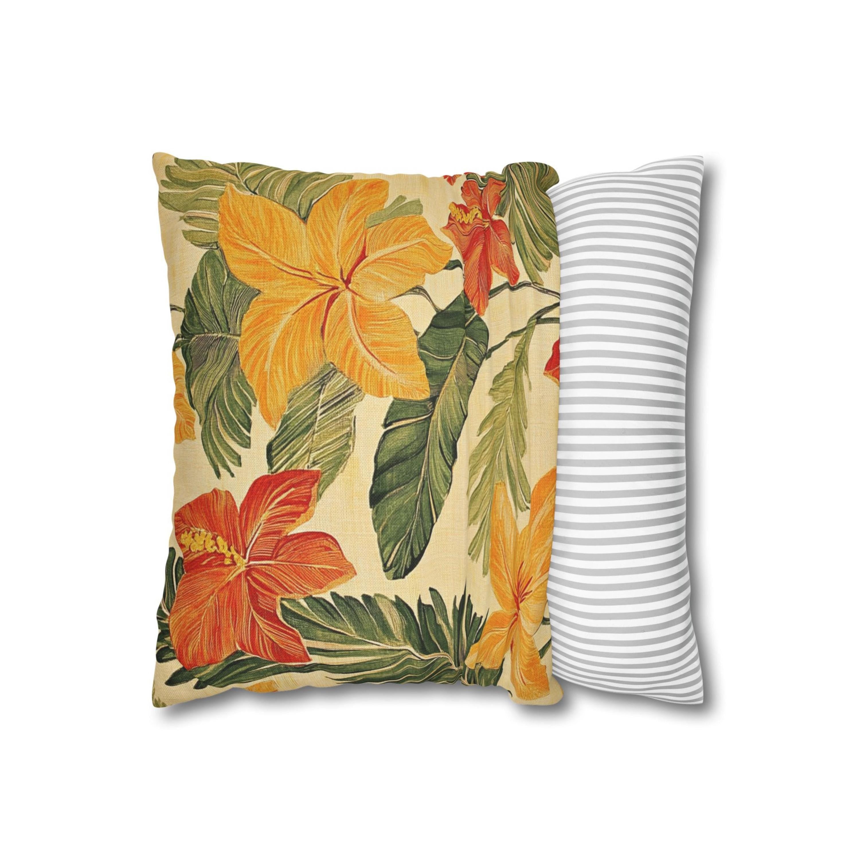 Bold Tropical Floral Pillow, Hibiscus Cushion Cover, Vibrant Jungle Throw Pillow, Island Leaf Home Decor, Warm Beach Accent