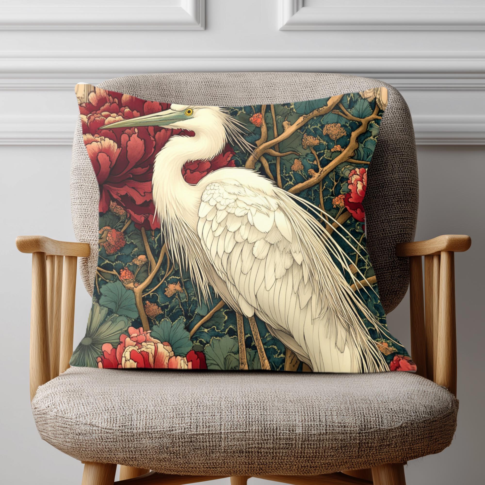 White Egret Peony Pillow, Vintage Botanical Cushion, Art Nouveau Bird Throw Pillow, Floral Pillowcase, Elegant Nature Couch Accent