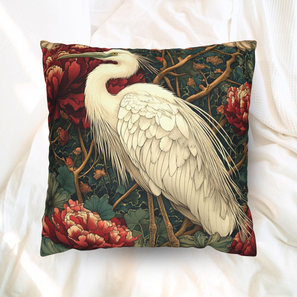 White Egret Peony Pillow, Vintage Botanical Cushion, Art Nouveau Bird Throw Pillow, Floral Pillowcase, Elegant Nature Couch Accent