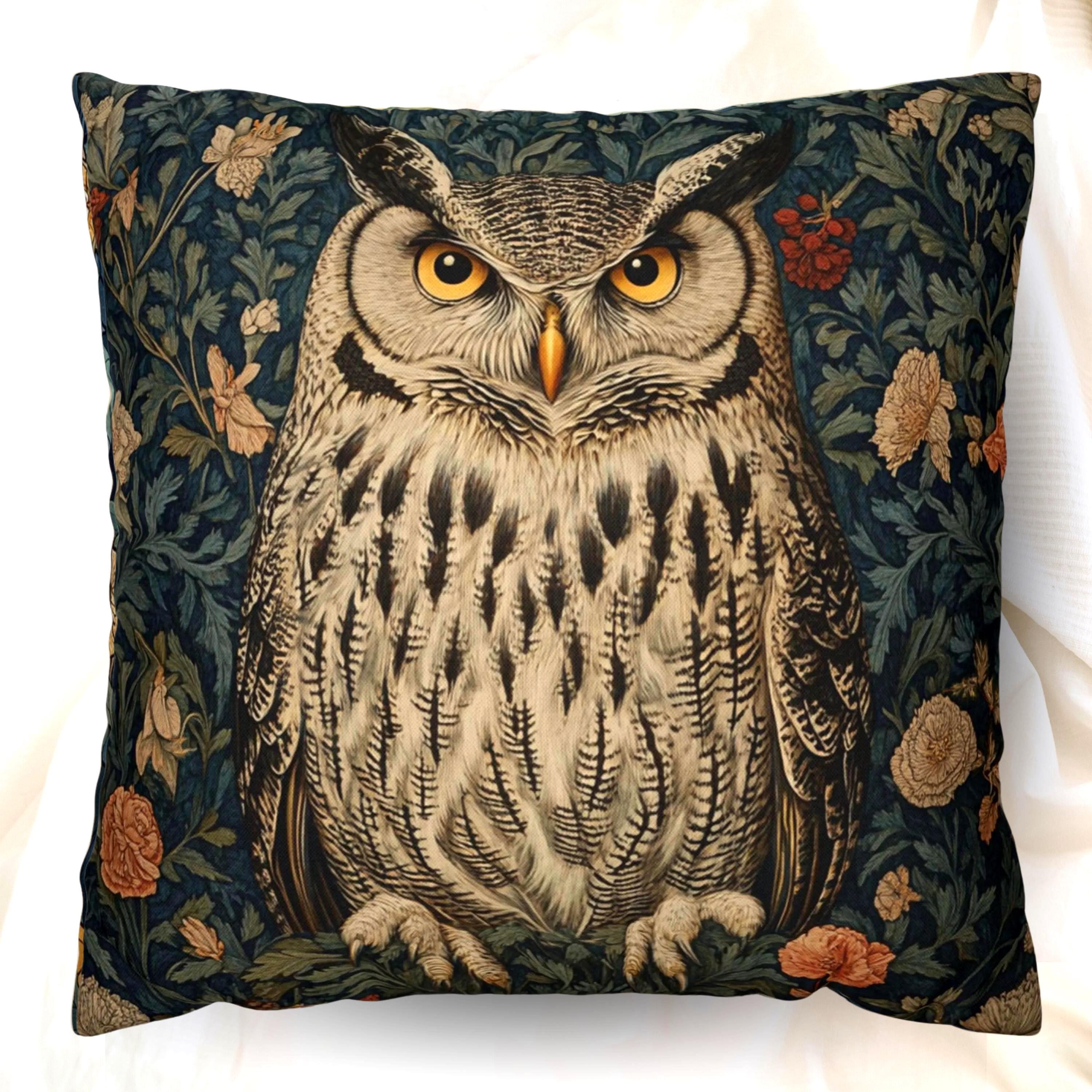 William Morris Inspired Owl Pillow, Whimsical Owl Throw Pillow and Covers, Pillow Case for Living Room, Vintage Animal Pillows