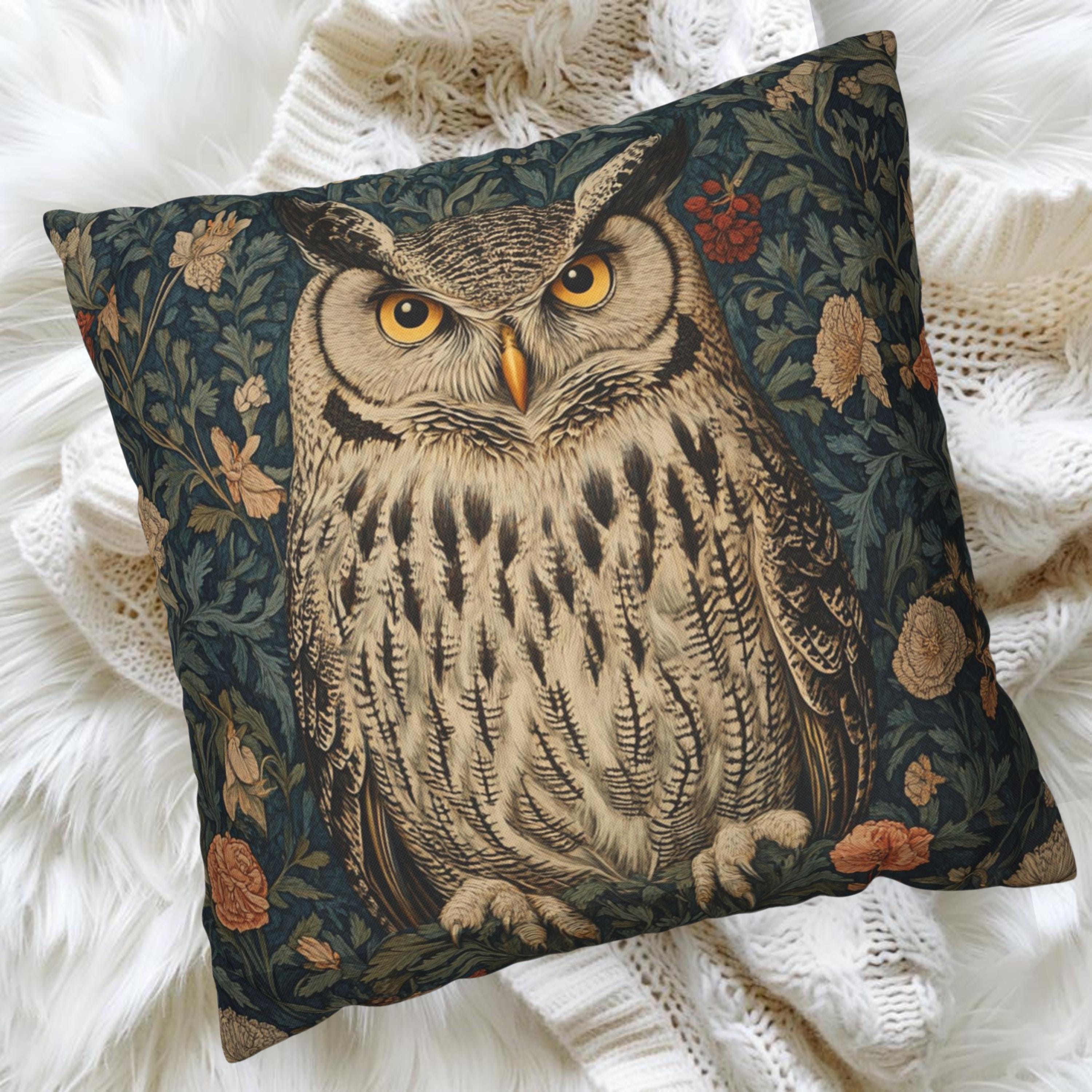 William Morris Inspired Owl Pillow, Whimsical Owl Throw Pillow and Covers, Pillow Case for Living Room, Vintage Animal Pillows
