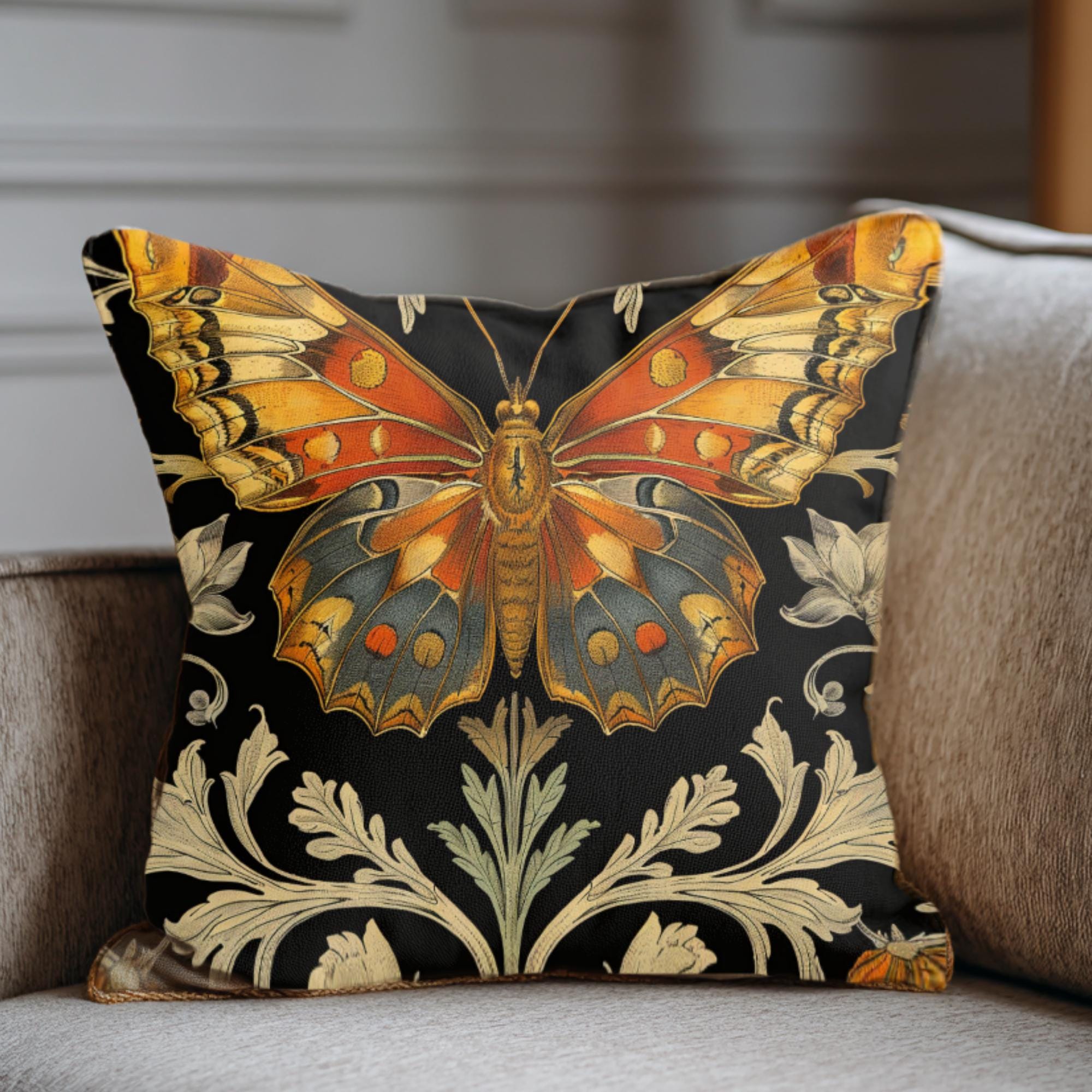 Vintage Monarch Butterfly Pillow, Golden Floral Cushion, William Morris Inspired Throw Pillow, Nature Decor Accent, Garden Room Pillowcase