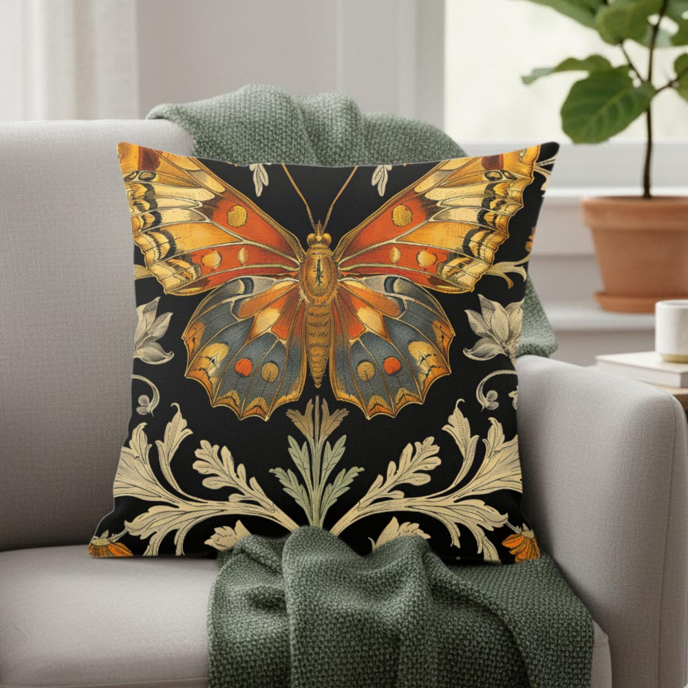 Vintage Monarch Butterfly Pillow, Golden Floral Cushion, William Morris Inspired Throw Pillow, Nature Decor Accent, Garden Room Pillowcase