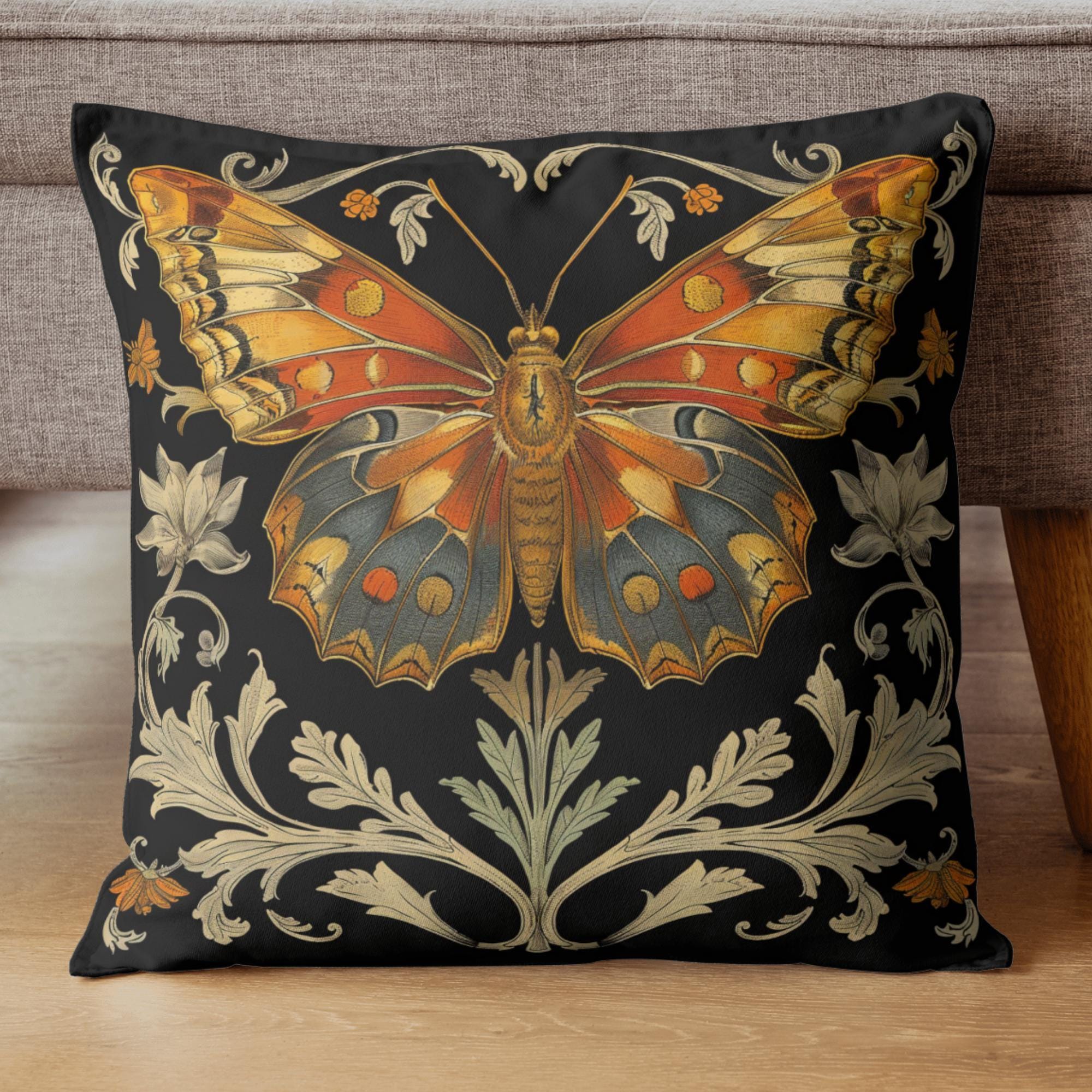 Vintage Monarch Butterfly Pillow, Golden Floral Cushion, William Morris Inspired Throw Pillow, Nature Decor Accent, Garden Room Pillowcase