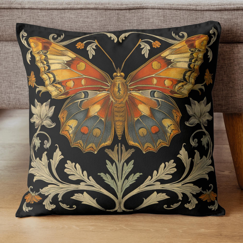 Vintage Monarch Butterfly Pillow, Golden Floral Cushion, William Morris Inspired Throw Pillow, Nature Decor Accent, Garden Room Pillowcase
