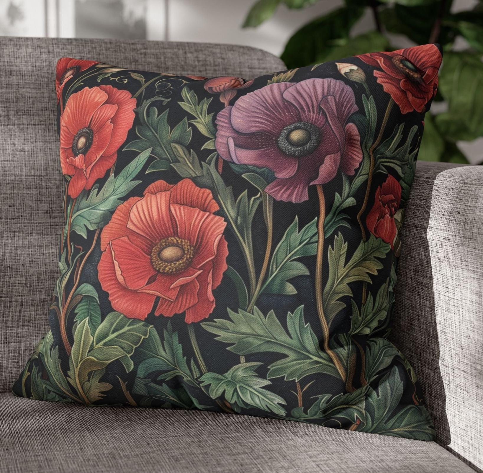 William Morris Inspired Poppies Pillow, Accent Cushion Cover, Floral Spring Pillow