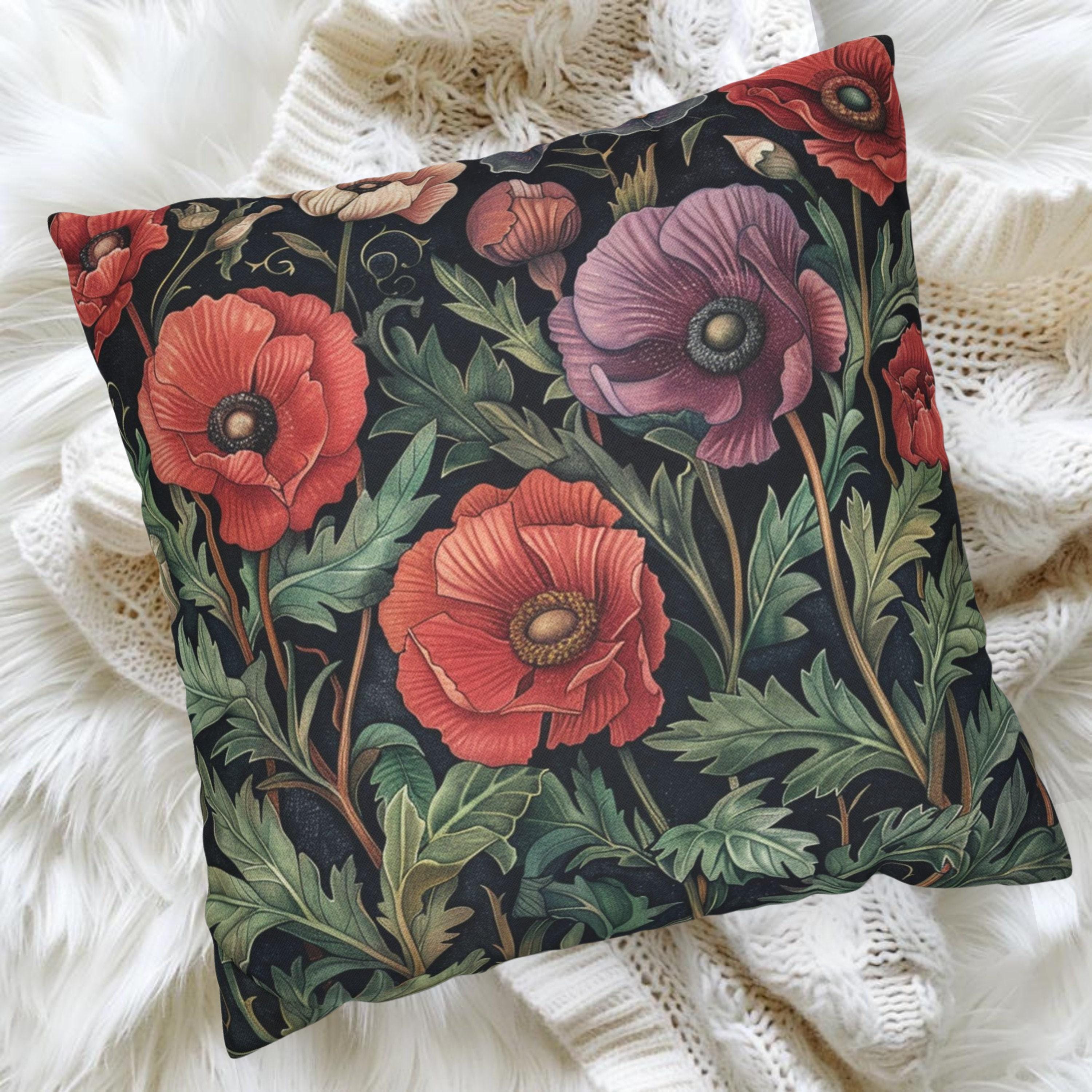 William Morris Inspired Poppies Pillow, Accent Cushion Cover, Floral Spring Pillow