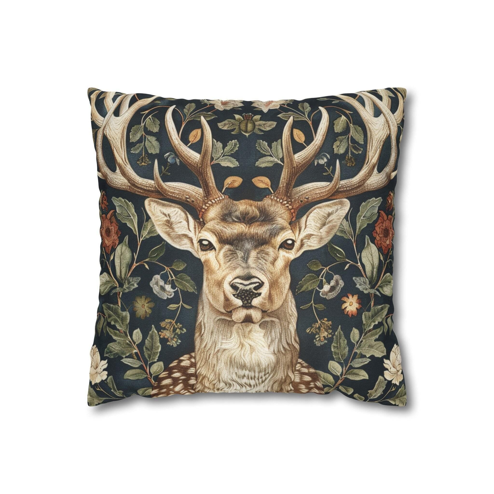 Woodland Vintage Deer Pillow William Morris Inspired, Deer Cushion Cover, Wildlife Living Room Decor, Whimsical Throwpillow