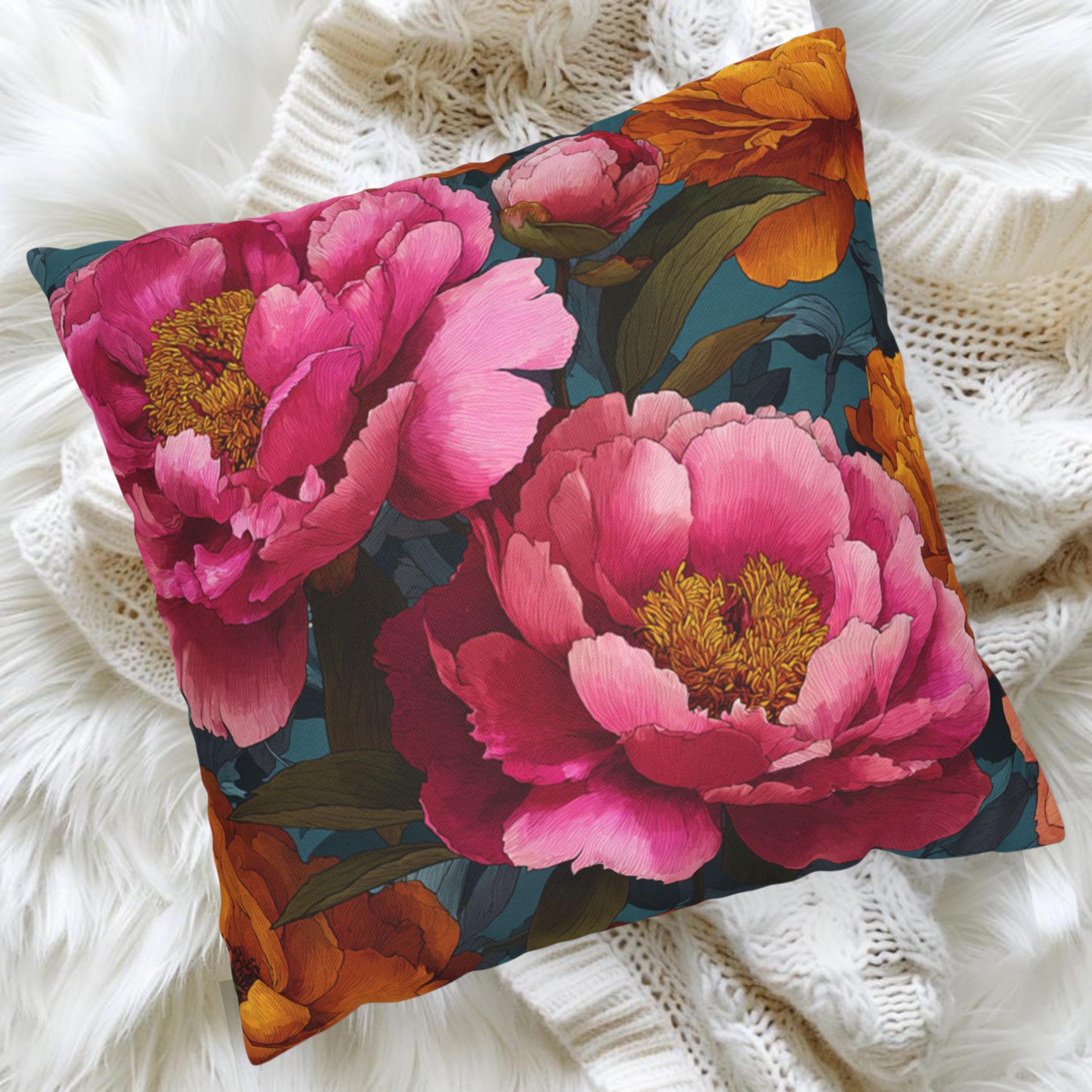 Vibrant Peony Throw Pillow, Pink and Orange Floral Cushion, Bold Botanical Home Decor, Colorful Cottagecore Accent