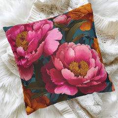 Vibrant Peony Throw Pillow, Pink and Orange Floral Cushion, Bold Botanical Home Decor, Colorful Cottagecore Accent