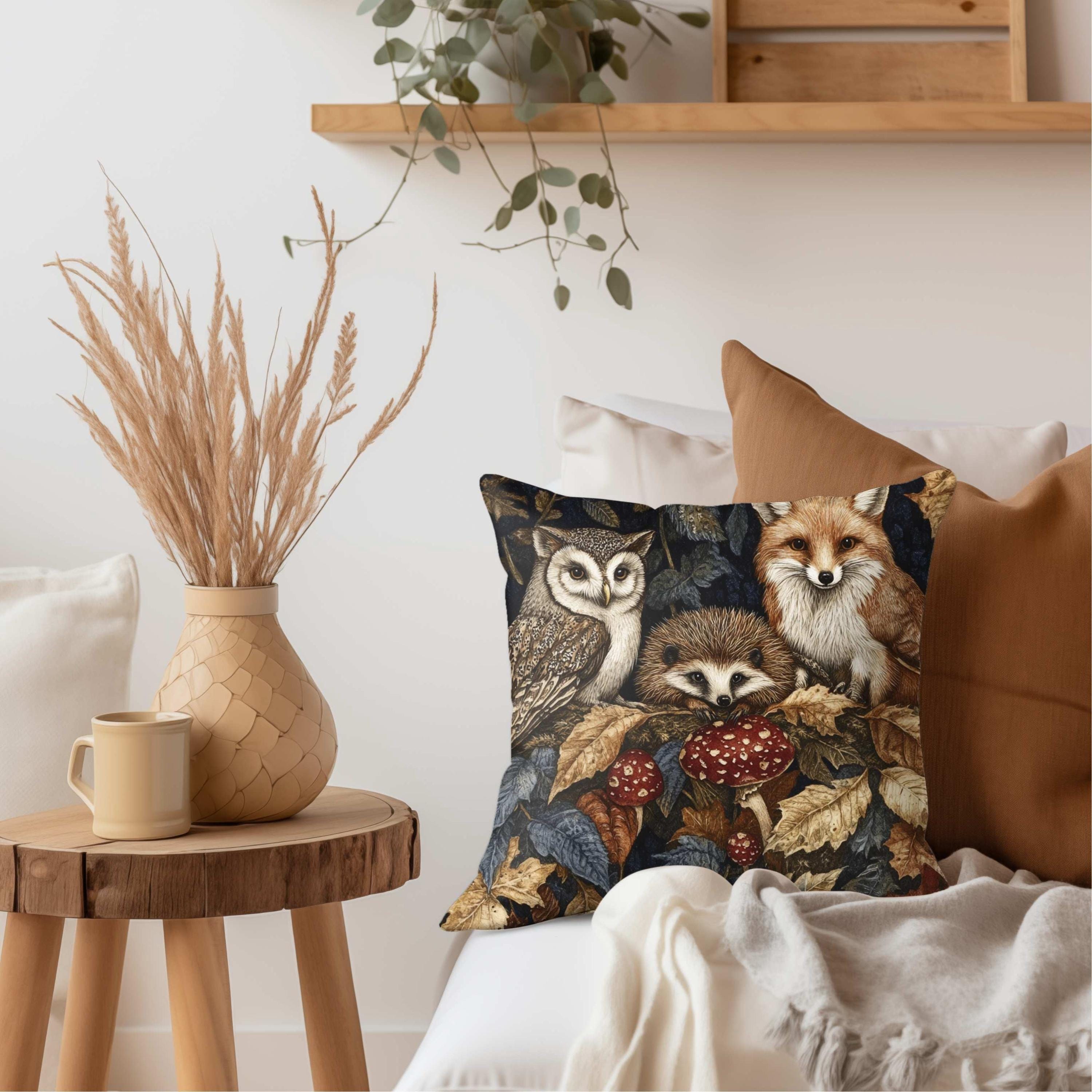 Woodland Animal Throw Pillow, Fox Owl Hedgehog Forest Cushion, Double Sided Print Fall Decor, Polyester Cozy Nature Pillow