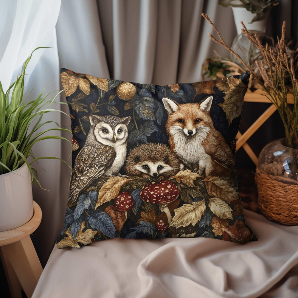 Woodland Animal Throw Pillow, Fox Owl Hedgehog Forest Cushion, Double Sided Print Fall Decor, Polyester Cozy Nature Pillow