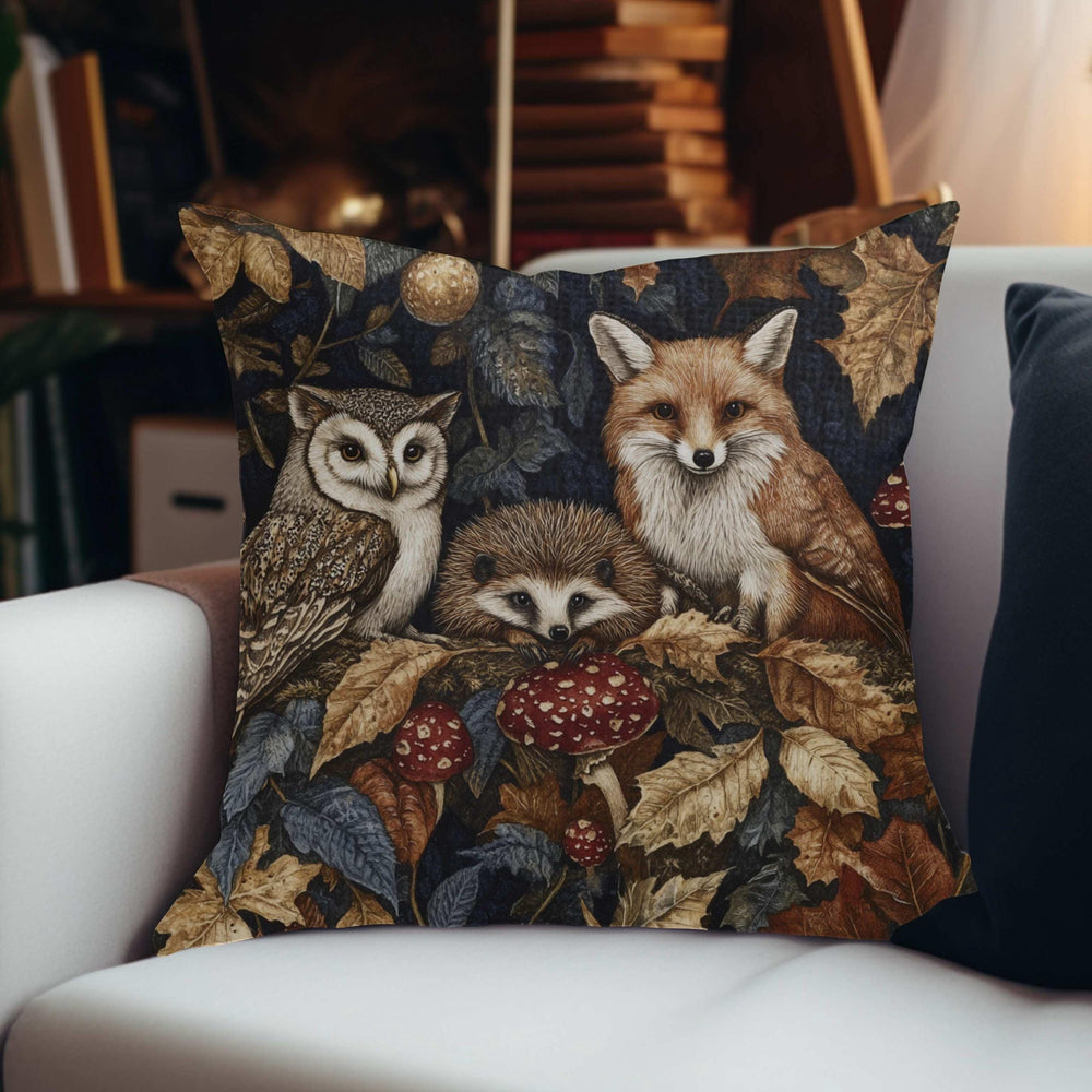 Woodland Animal Throw Pillow, Fox Owl Hedgehog Forest Cushion, Double Sided Print Fall Decor, Polyester Cozy Nature Pillow