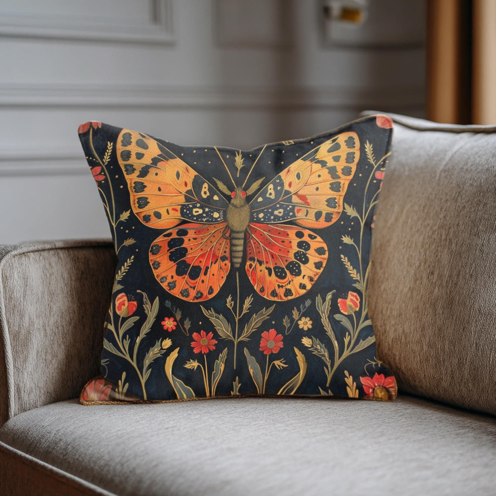 Butterfly Meadow Pillow, Vintage Floral Cushion, William Morris Inspired Throw Pillow, Botanical Insect Pillowcase, Cottagecore Couch Accent