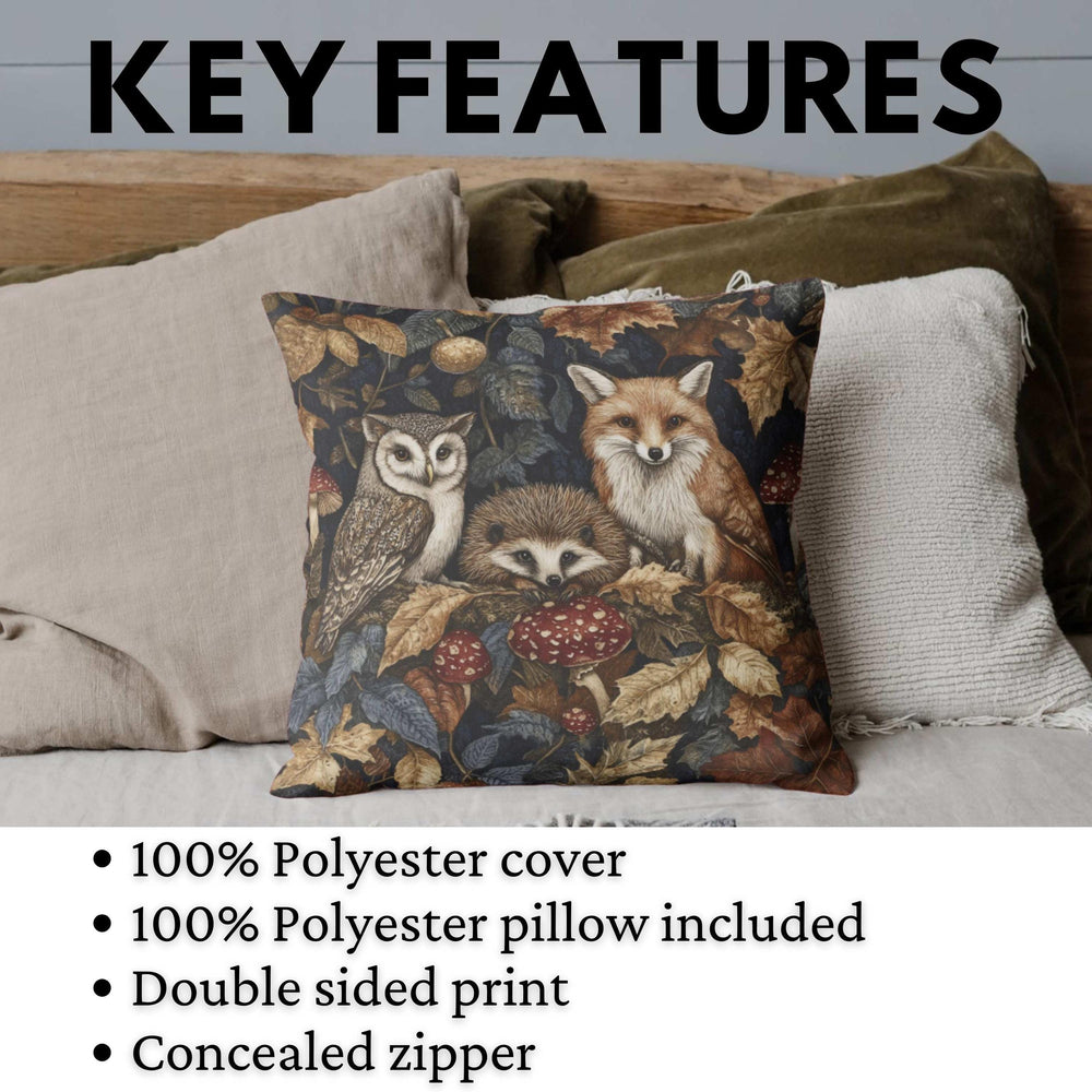 Woodland Animal Throw Pillow, Fox Owl Hedgehog Forest Cushion, Double Sided Print Fall Decor, Polyester Cozy Nature Pillow