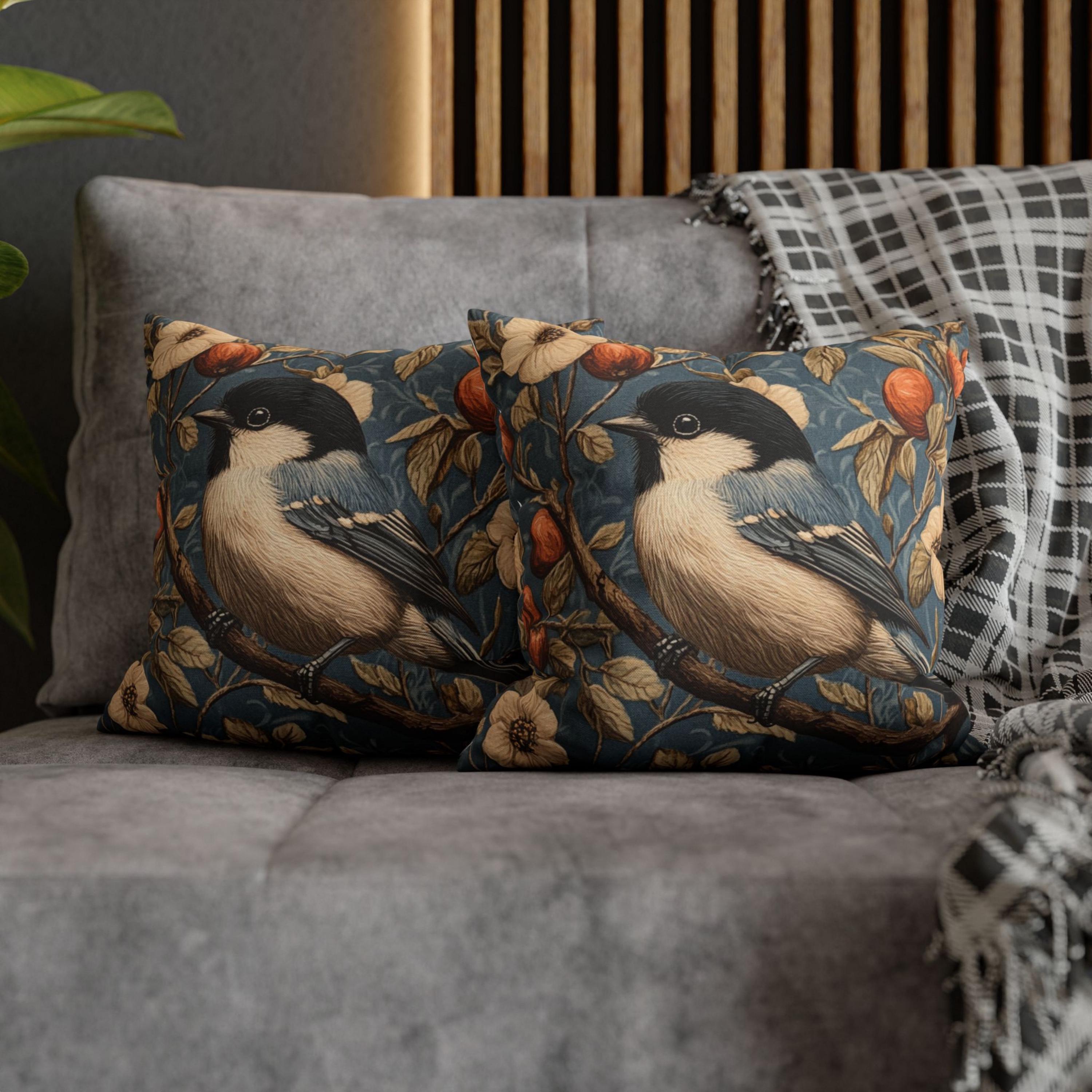 Vintage Bluebird Floral Pillow Cover, William Morris Style Cushion, Cottagecore Home Decor, Rustic Botanical Throw, Nature Inspired Accent