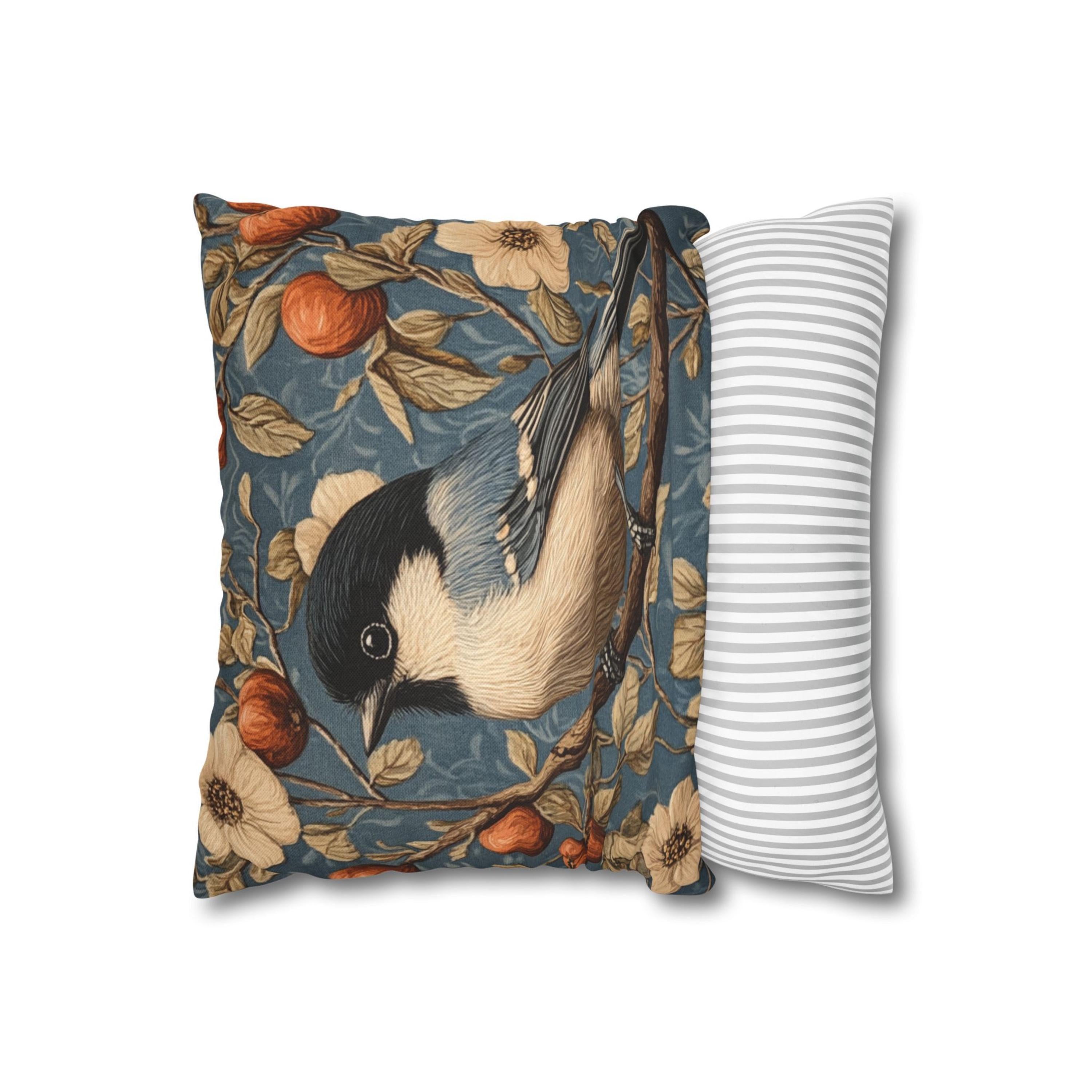 Vintage Bluebird Floral Pillow Cover, William Morris Style Cushion, Cottagecore Home Decor, Rustic Botanical Throw, Nature Inspired Accent