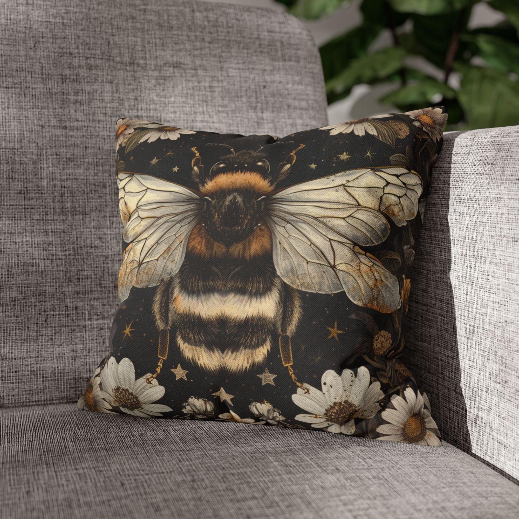 Golden Bee Pillow, Vintage Garden Cushion, Bumblebee Floral Throw Pillow, Nature-Inspired Gold Botanical Pillowcase, Cottagecore Decor