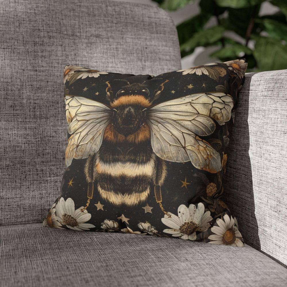 Golden Bee Pillow, Vintage Garden Cushion, Bumblebee Floral Throw Pillow, Nature-Inspired Gold Botanical Pillowcase, Cottagecore Decor