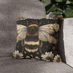 Golden Bee Pillow, Vintage Garden Cushion, Bumblebee Floral Throw Pillow, Nature-Inspired Gold Botanical Pillowcase, Cottagecore Decor
