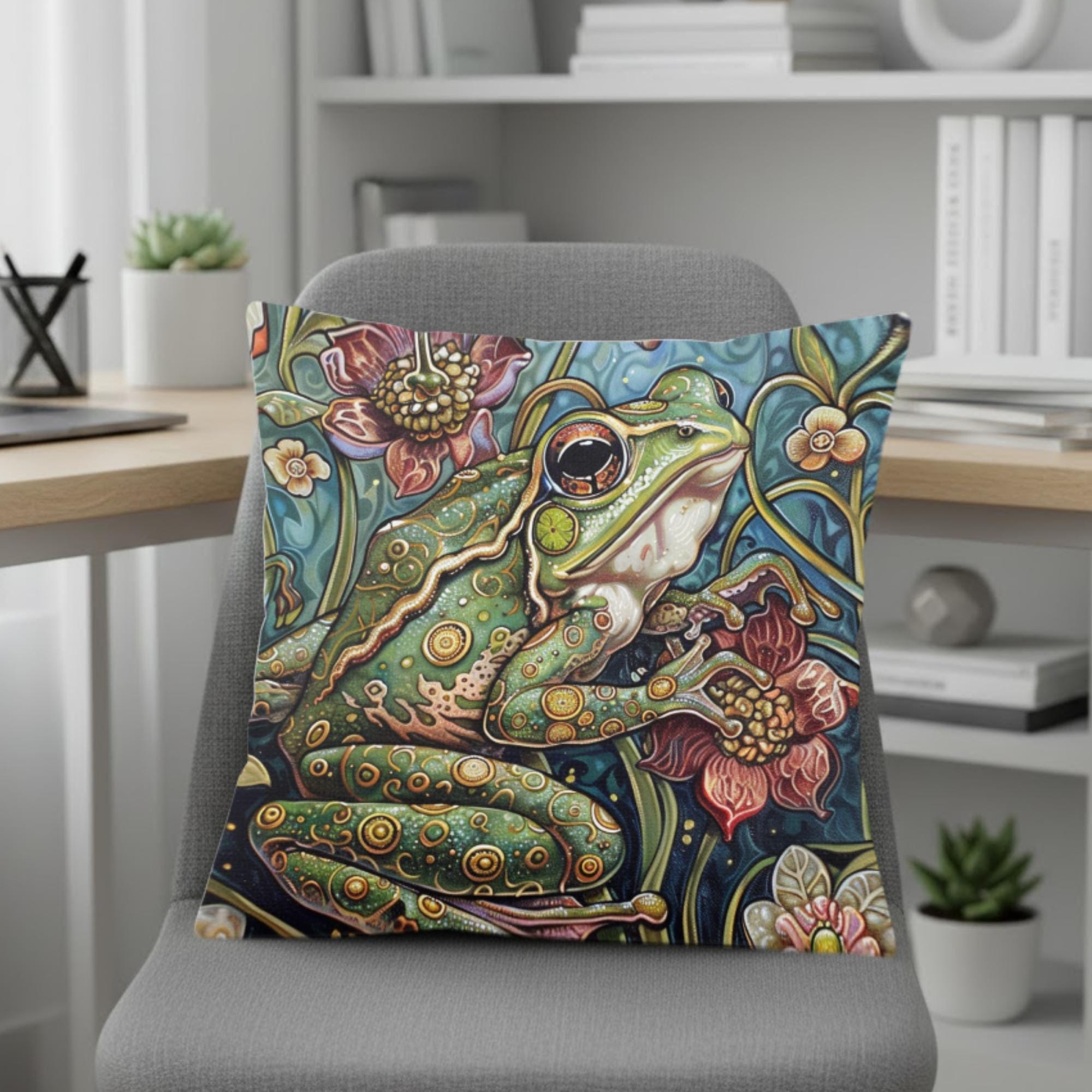 Whimsical Frog Pillow, Botanical Garden Cushion, Forest Nature Inspired Throw Pillow, William Morris Frog Pillowcase, Animal Couch Accent